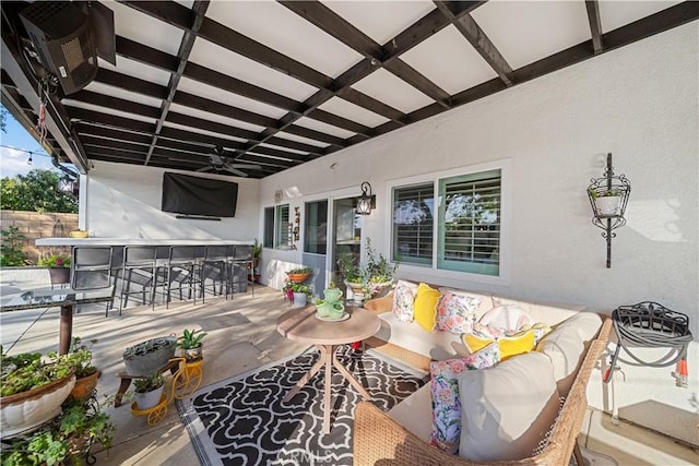 938 Amherst St, Corona, CA 92880 - wooden terrace with an outdoor living space, ceiling fan, and a patio