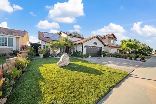 938 Amherst St, Corona, CA 92880 - mediterranean / spanish-style home featuring roof mounted solar panels, a front lawn, a garage, concrete driveway, and stucco siding