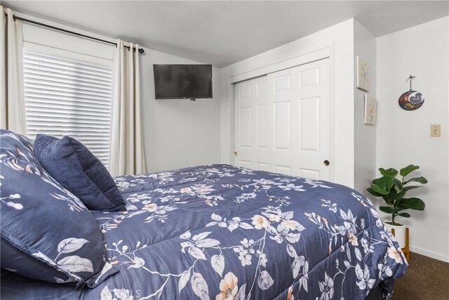 3360 Chico Rd, Atascadero, CA 93422 - carpeted bedroom featuring a closet, lofted ceiling, and baseboards