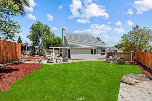 3176 Landmark Ct, Riverside, CA 92503 - rear view of property featuring a patio area, a fenced backyard, a pergola, stucco siding, and a chimney