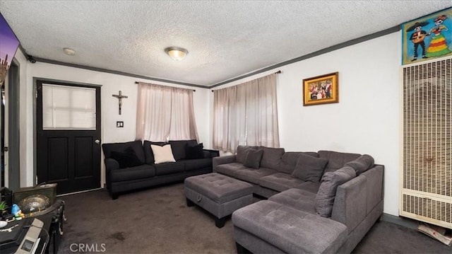 3510 E 2nd St, Los Angeles, CA 90063 - carpeted living room featuring a heating unit, a textured ceiling, and ornamental molding