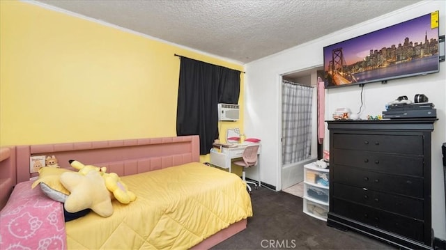 3510 E 2nd St, Los Angeles, CA 90063 - bedroom with a textured ceiling, crown molding, dark carpet, and cooling unit