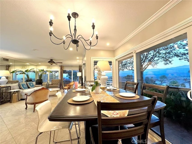 1601 Calle De Armonia, San Dimas, CA 91773 - dining area with ceiling fan, a chandelier, light tile patterned floors, ornamental molding, and recessed lighting