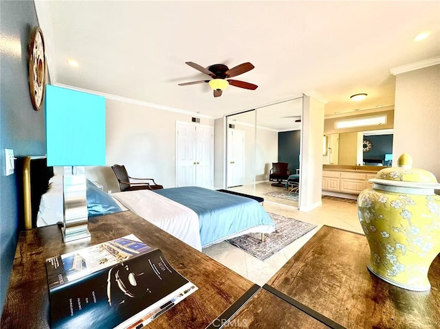 1601 Calle De Armonia, San Dimas, CA 91773 - bedroom featuring ornamental molding, light tile patterned flooring, and a ceiling fan