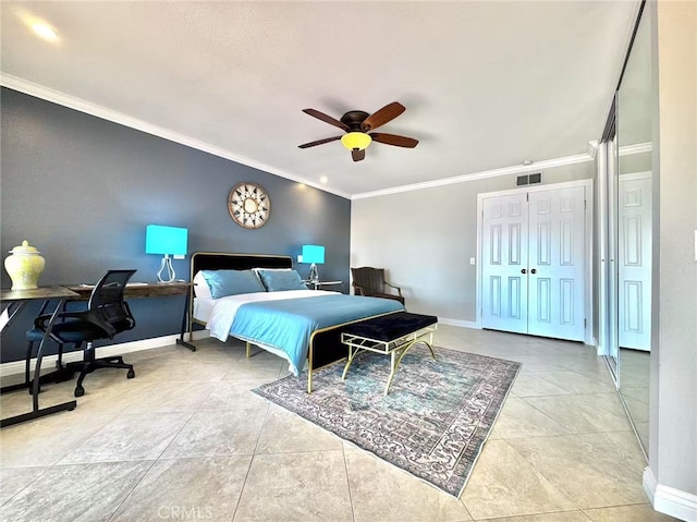 1601 Calle De Armonia, San Dimas, CA 91773 - bedroom featuring crown molding, a ceiling fan, a desk, light tile patterned floors, and a closet