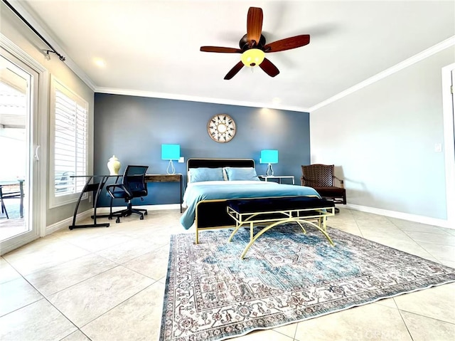 1601 Calle De Armonia, San Dimas, CA 91773 - tiled bedroom with crown molding, access to outside, an office area, and a ceiling fan