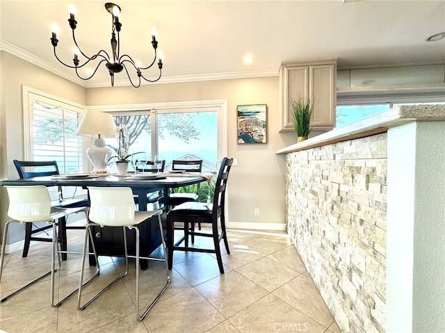 1601 Calle De Armonia, San Dimas, CA 91773 - dining area with crown molding, a chandelier, and light tile patterned floors