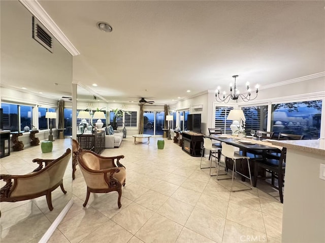 1601 Calle De Armonia, San Dimas, CA 91773 - dining area with crown molding, a chandelier, light tile patterned flooring, recessed lighting, and a ceiling fan