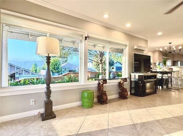 1601 Calle De Armonia, San Dimas, CA 91773 - living area featuring ornamental molding, a chandelier, light tile patterned floors, recessed lighting, and a mountain view