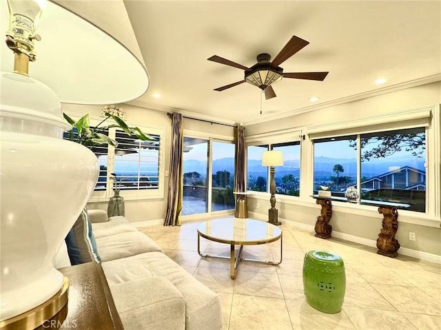 1601 Calle De Armonia, San Dimas, CA 91773 - sunroom with tile patterned flooring, crown molding, plenty of natural light, a mountain view, and recessed lighting