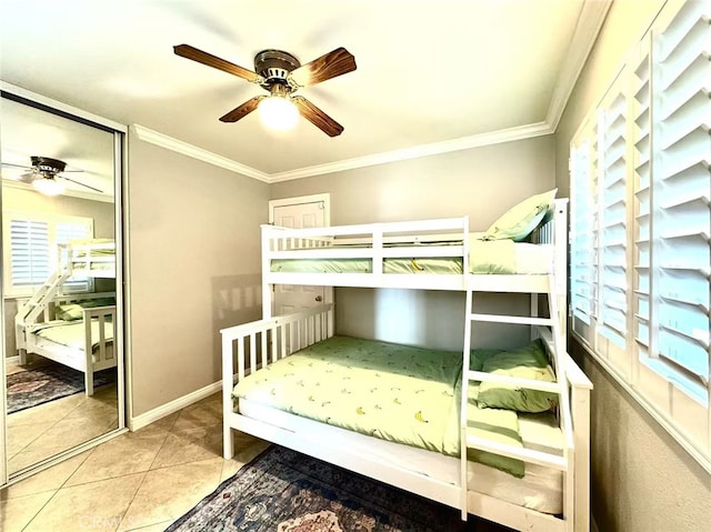 1601 Calle De Armonia, San Dimas, CA 91773 - bedroom featuring crown molding, tile patterned floors, a ceiling fan, and a closet