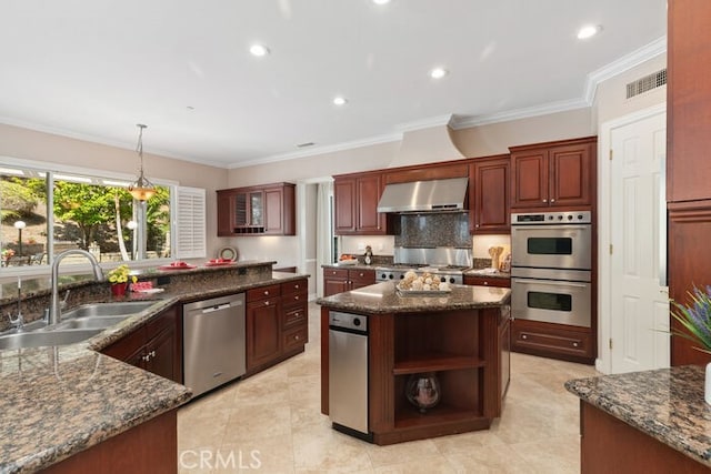 3264 Silver Maple Dr, Yorba Linda, CA 92886 - kitchen with appliances with stainless steel finishes, wall chimney exhaust hood, a sink, open shelves, and dark stone counters