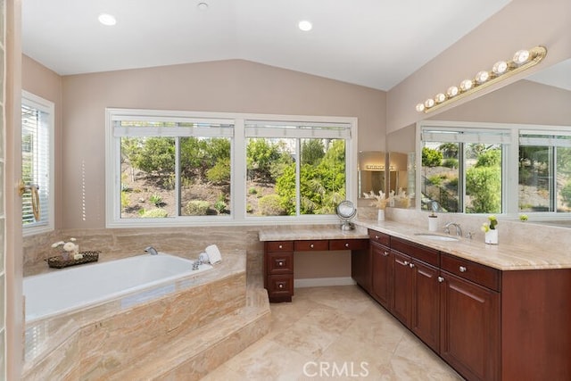 3264 Silver Maple Dr, Yorba Linda, CA 92886 - bathroom with vaulted ceiling, vanity, a bath, and recessed lighting