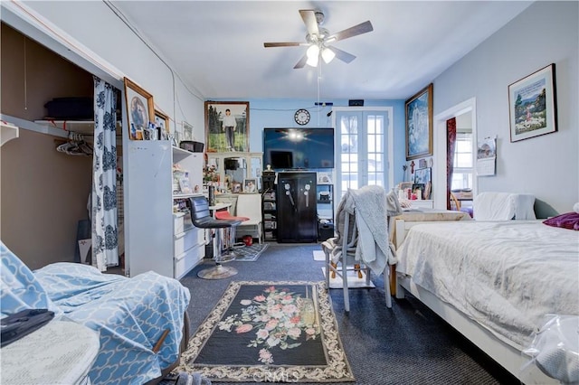 1262 Fedora St, Los Angeles, CA 90006 - carpeted bedroom with french doors and ceiling fan