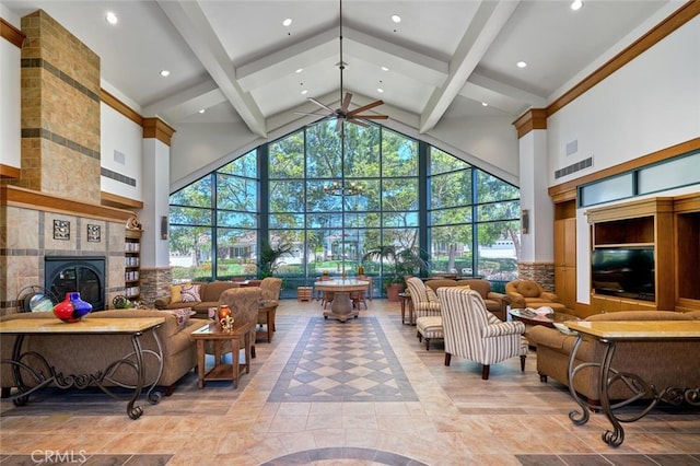 1558 Rockrose Way, Beaumont, CA 92223 - living area with high vaulted ceiling, ceiling fan, beamed ceiling, a fireplace, and recessed lighting