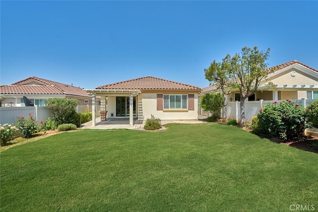 1558 Rockrose Way, Beaumont, CA 92223 - back of property with a tiled roof, stucco siding, a pergola, and a patio