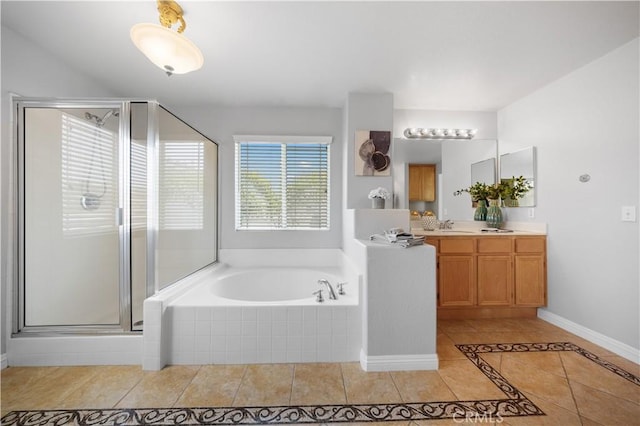 12337 Columbia Ln, Eastvale, CA 91752 - bathroom with vanity, tile patterned floors, a bath, and a shower stall