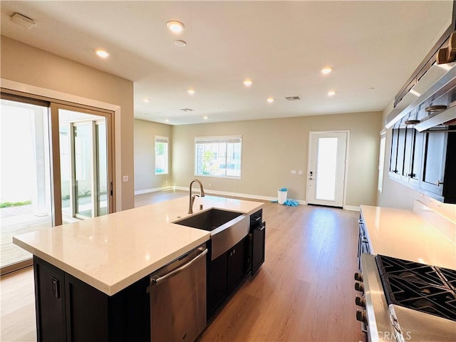 158 Scale, Irvine, CA 92618 - kitchen with stainless steel appliances, open floor plan, light wood finished floors, dark cabinets, and recessed lighting