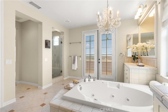 37 Craftsbury Pl, Ladera Ranch, CA 92694 - bathroom featuring vanity, a whirlpool tub, a chandelier, a shower stall, and tile patterned floors