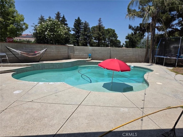 5825 Sky Lakes Ave, Bakersfield, CA 93313 - view of swimming pool featuring a trampoline, a patio, and a fenced backyard