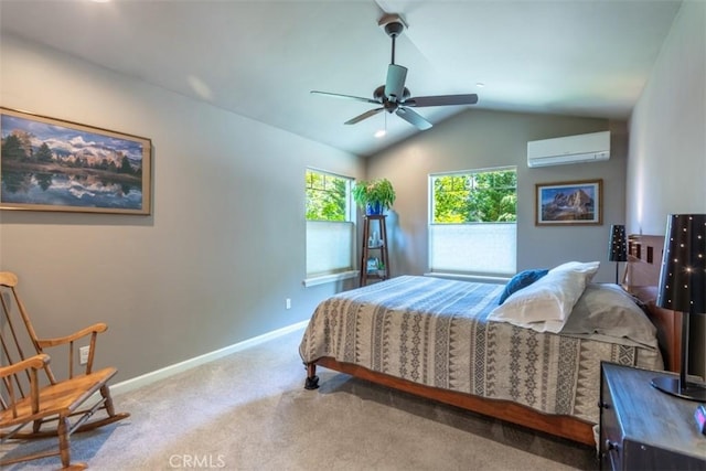 9116 Rocky Rd, Weed, CA 96094 - bedroom with a wall mounted air conditioner, vaulted ceiling, carpet floors, baseboards, and ceiling fan