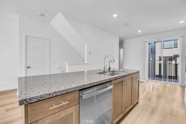 332 Gelding Way, Rancho Mission Viejo, CA 92694 - kitchen with dishwasher, light stone countertops, light wood-style floors, and recessed lighting