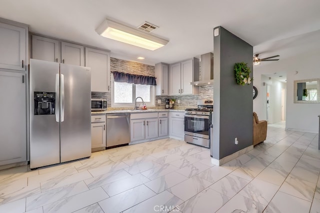 2846 Nandina Dr, Palmdale, CA 93550 - kitchen featuring appliances with stainless steel finishes, gray cabinetry, a sink, decorative backsplash, and a ceiling fan