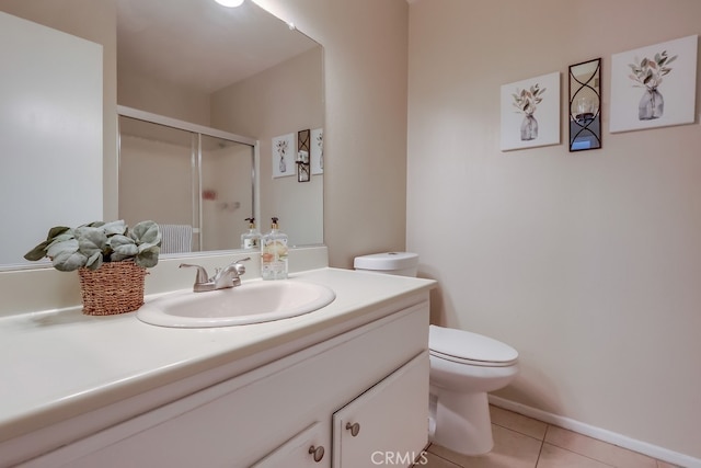 2846 Nandina Dr, Palmdale, CA 93550 - full bathroom featuring toilet, tile patterned floors, a stall shower, and vanity