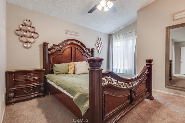 2846 Nandina Dr, Palmdale, CA 93550 - carpeted bedroom featuring a textured ceiling, lofted ceiling, and ceiling fan