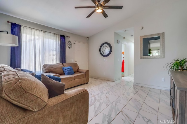 2846 Nandina Dr, Palmdale, CA 93550 - living area with a ceiling fan, lofted ceiling, and light marble finish flooring