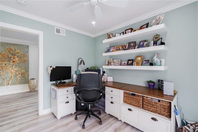 27705 Calle Valdes, Mission Viejo, CA 92692 - home office with light wood-style floors, ceiling fan, and ornamental molding