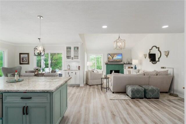 27705 Calle Valdes, Mission Viejo, CA 92692 - kitchen featuring a chandelier, green cabinetry, healthy amount of natural light, white cabinets, and recessed lighting