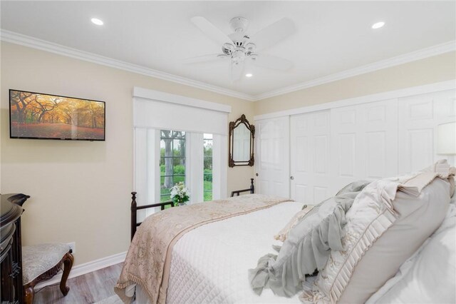 27705 Calle Valdes, Mission Viejo, CA 92692 - bedroom with wood finished floors, recessed lighting, crown molding, ceiling fan, and a closet