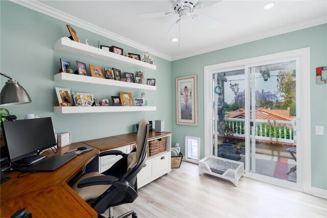 27705 Calle Valdes, Mission Viejo, CA 92692 - office with crown molding, ceiling fan, plenty of natural light, light wood-type flooring, and recessed lighting