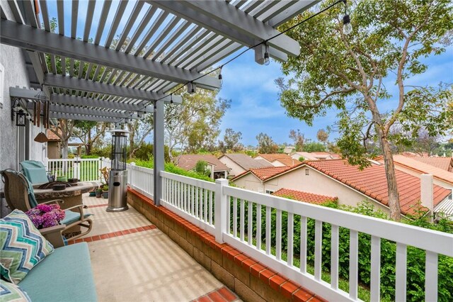 27705 Calle Valdes, Mission Viejo, CA 92692 - wooden deck with a pergola, a residential view, and an outdoor fire pit