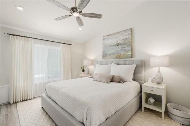 27705 Calle Valdes, Mission Viejo, CA 92692 - bedroom with vaulted ceiling, recessed lighting, light wood-style flooring, and ceiling fan
