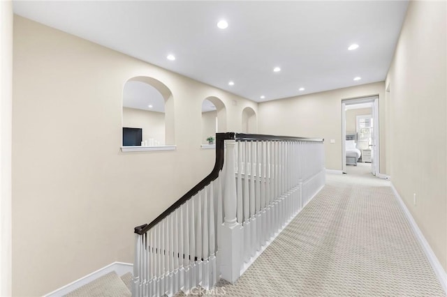 19599 Highland Terrace Dr, Walnut, CA 91789 - corridor with an upstairs landing, carpet floors, recessed lighting, and baseboards