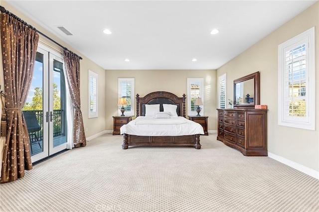 19599 Highland Terrace Dr, Walnut, CA 91789 - bedroom with access to outside, light colored carpet, baseboards, recessed lighting, and french doors