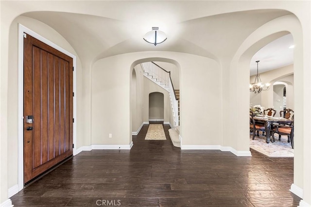 19599 Highland Terrace Dr, Walnut, CA 91789 - foyer featuring dark wood-style floors, baseboards, and a chandelier