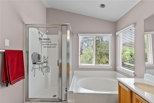 25562 Fitzgerald Ave, Stevenson Ranch, CA 91381 - bathroom featuring vanity, a bath, a shower stall, and lofted ceiling