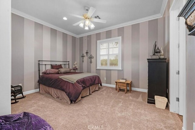 8401 Mayer Ave, Bakersfield, CA 93314 - carpeted bedroom featuring ornamental molding, baseboards, wallpapered walls, and a ceiling fan