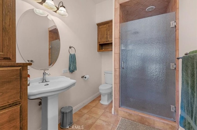 8401 Mayer Ave, Bakersfield, CA 93314 - full bathroom featuring a stall shower, tile patterned flooring, baseboards, and toilet