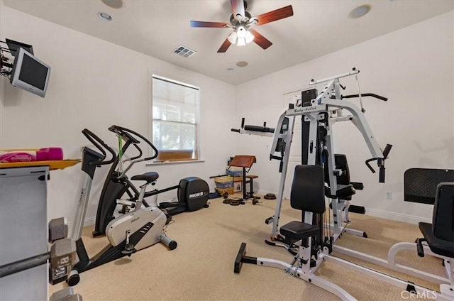 8401 Mayer Ave, Bakersfield, CA 93314 - workout area featuring ceiling fan, baseboards, and carpet
