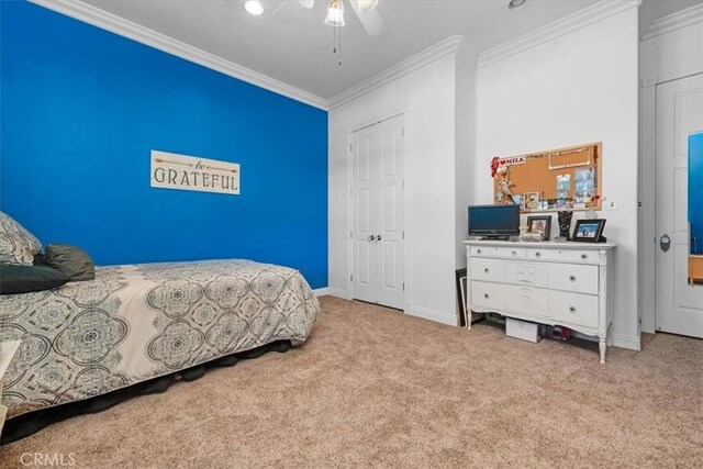8401 Mayer Ave, Bakersfield, CA 93314 - bedroom with carpet, ornamental molding, baseboards, and a ceiling fan