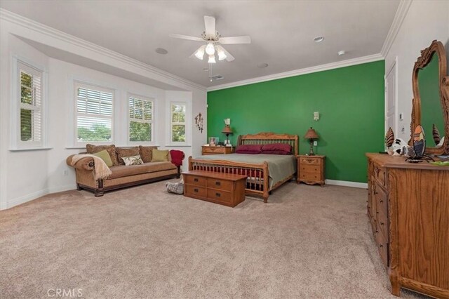 8401 Mayer Ave, Bakersfield, CA 93314 - bedroom featuring carpet floors, ornamental molding, baseboards, and ceiling fan