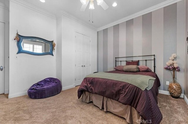 8401 Mayer Ave, Bakersfield, CA 93314 - bedroom with carpet floors, crown molding, baseboards, a ceiling fan, and a closet