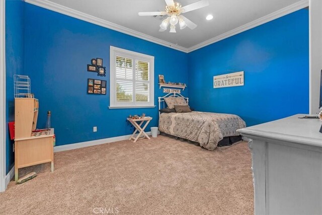 8401 Mayer Ave, Bakersfield, CA 93314 - carpeted bedroom with ornamental molding, baseboards, ceiling fan, and recessed lighting