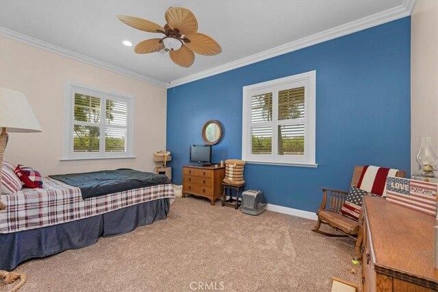 8401 Mayer Ave, Bakersfield, CA 93314 - carpeted bedroom featuring ornamental molding, baseboards, and ceiling fan