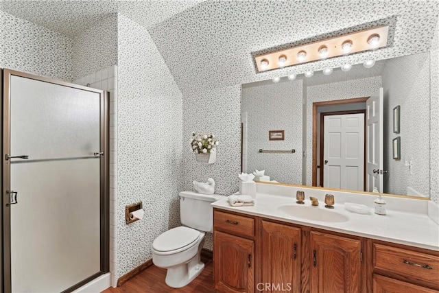 524 Golf Course Rd, Lake Arrowhead, CA 92352 - bathroom with vanity, a shower stall, wood finished floors, and toilet