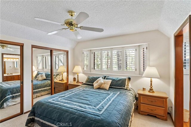 524 Golf Course Rd, Lake Arrowhead, CA 92352 - bedroom featuring lofted ceiling, light carpet, a textured ceiling, and ceiling fan